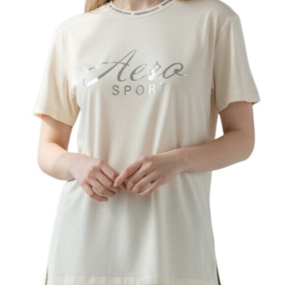 Aeropostale Sport T-Shirt Womens M Ivory Silver Foil Logo Graphic